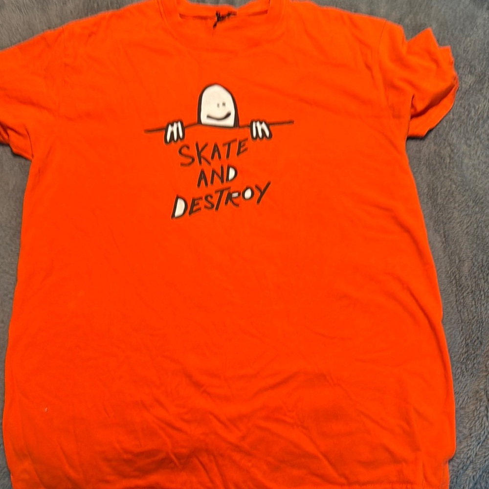 Orange Graphic Tee with Skate and Destroy Design